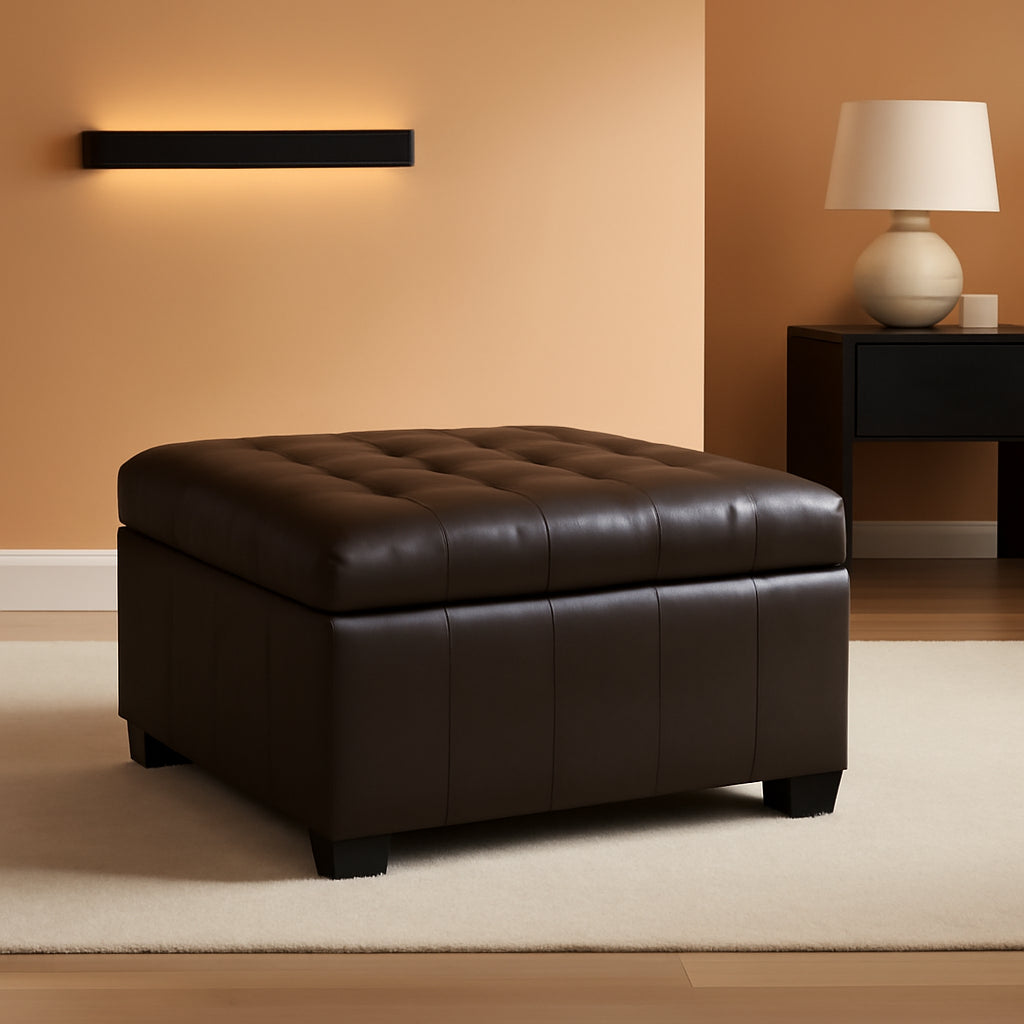 Marbled Brown Leather Storage Ottoman for Living Room-0