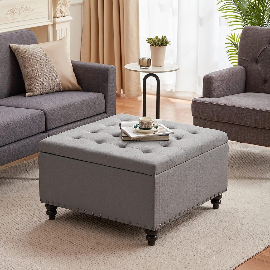 Grey Tufted Storage Ottoman Square For Living Room-1