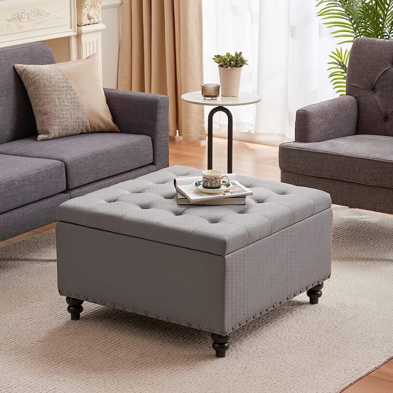 Grey Tufted Storage Ottoman Square For Living Room-1