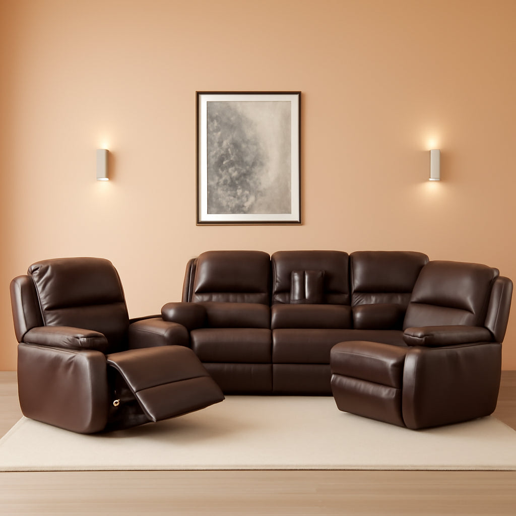 Manual Leather Recliner Sofa Set Brown For Living Room-0