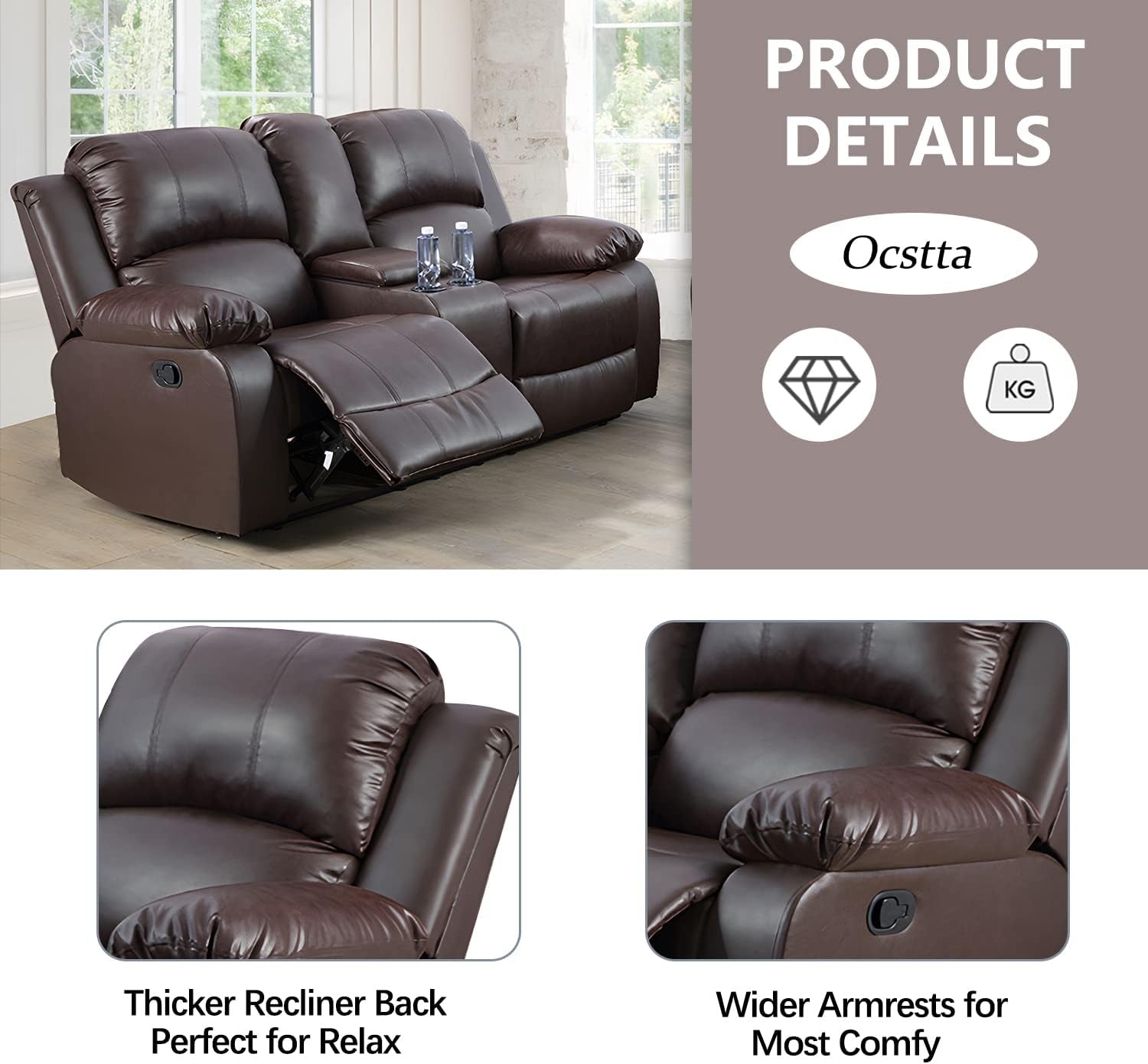 Manual Leather Recliner Sofa Set Brown For Living Room-4