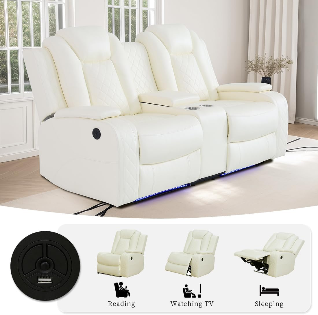 Living Room Set Leather Sofa Power Recliner Creamy White-4
