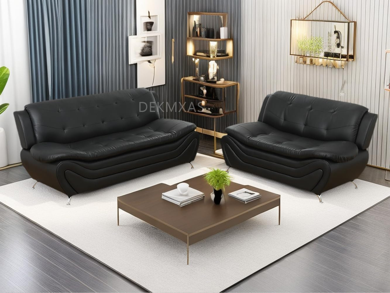 Black Leather Sofa Set With Loveseat For Living Room-0