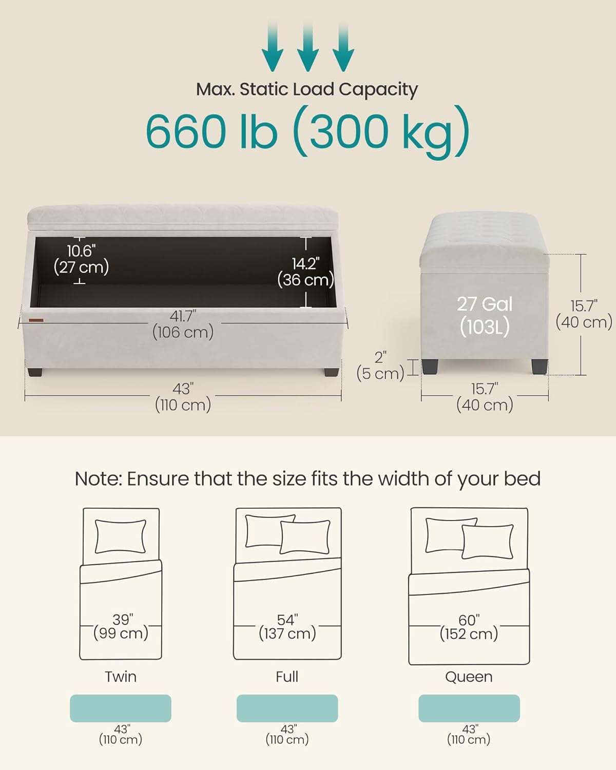 Cream Storage Ottoman Bench 43Inch Living Room Furniture-2