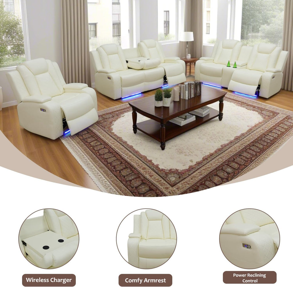 Power Reclining Sofa Set White Living Room Furniture-3