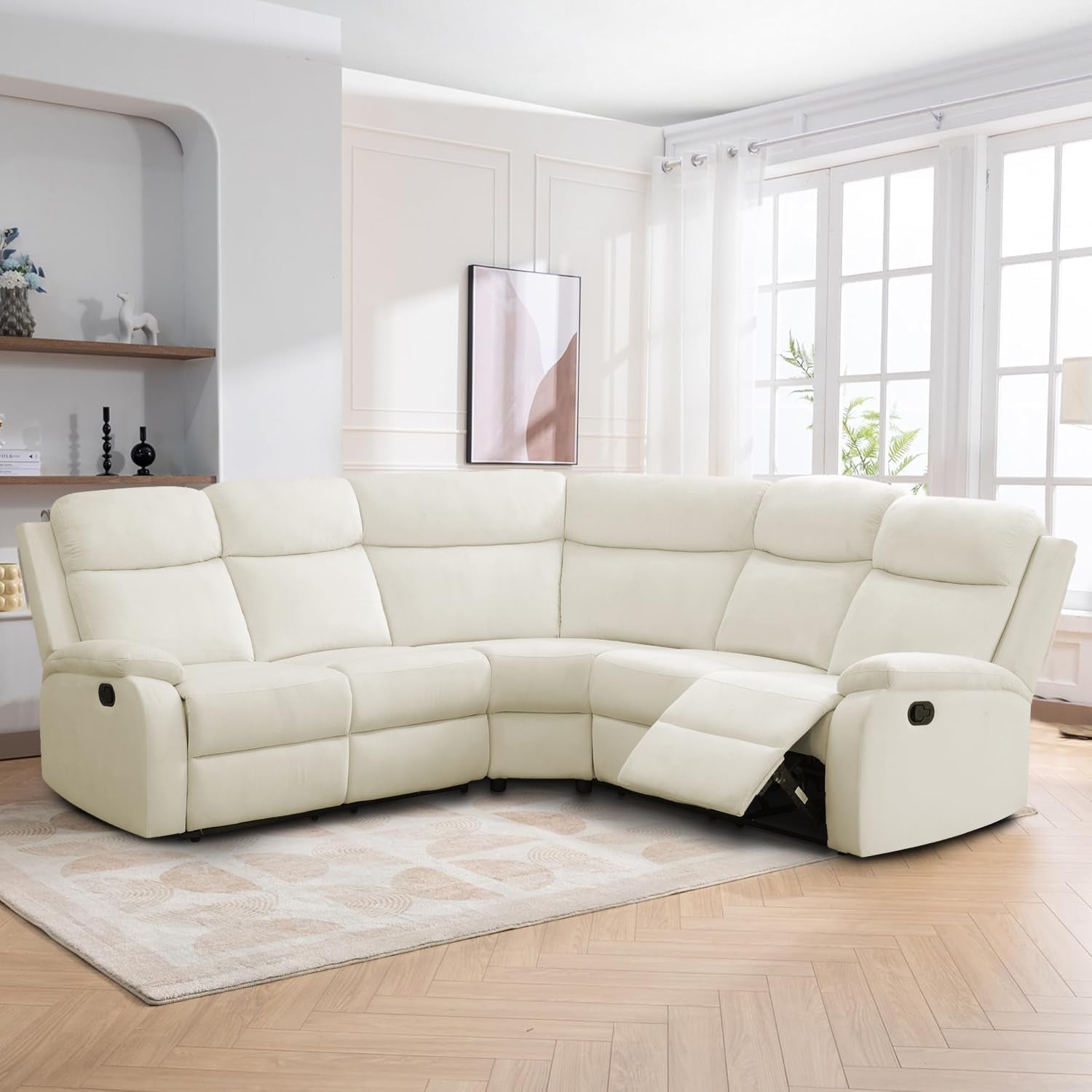 Off White Recliner Sectional Sofa Five Seats Living Room-1
