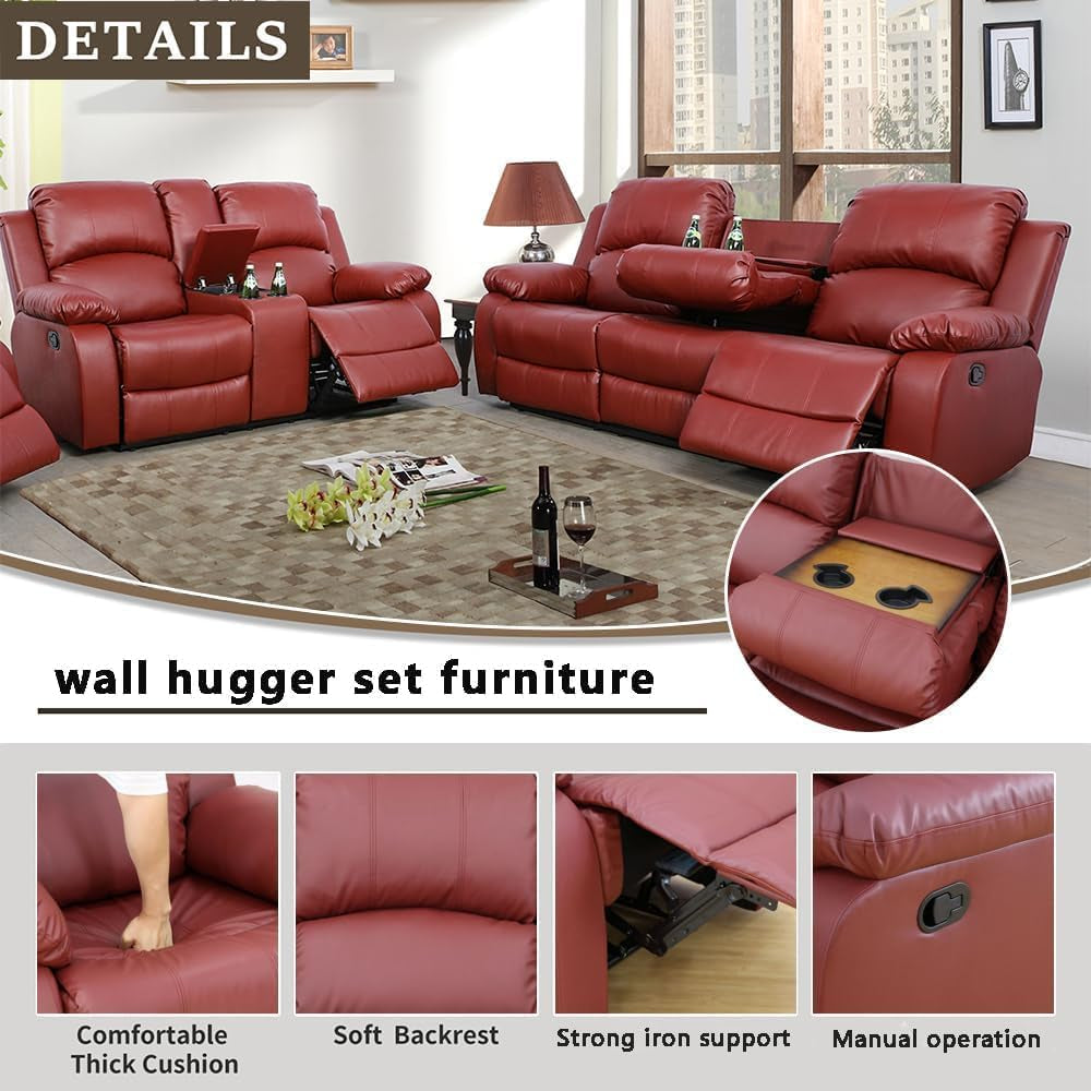 Bonded Leather Living Room Sofa And Loveseat Red Recliner-2