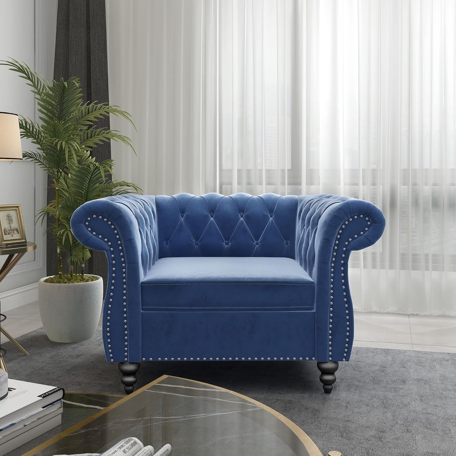 Blue Velvet 2 Piece Living Room Set Sofa Loveseat Chair For Living Room And Office-1