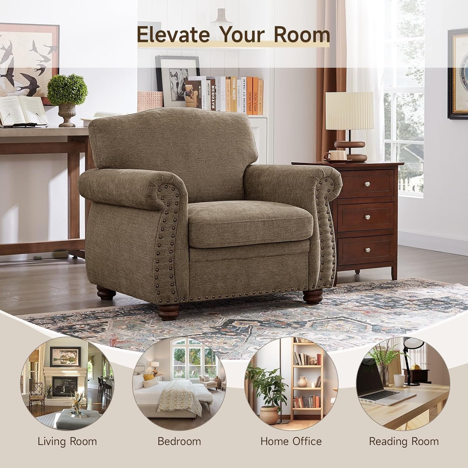Brown Nailhead Trim Armchair For Living Room Decor-4