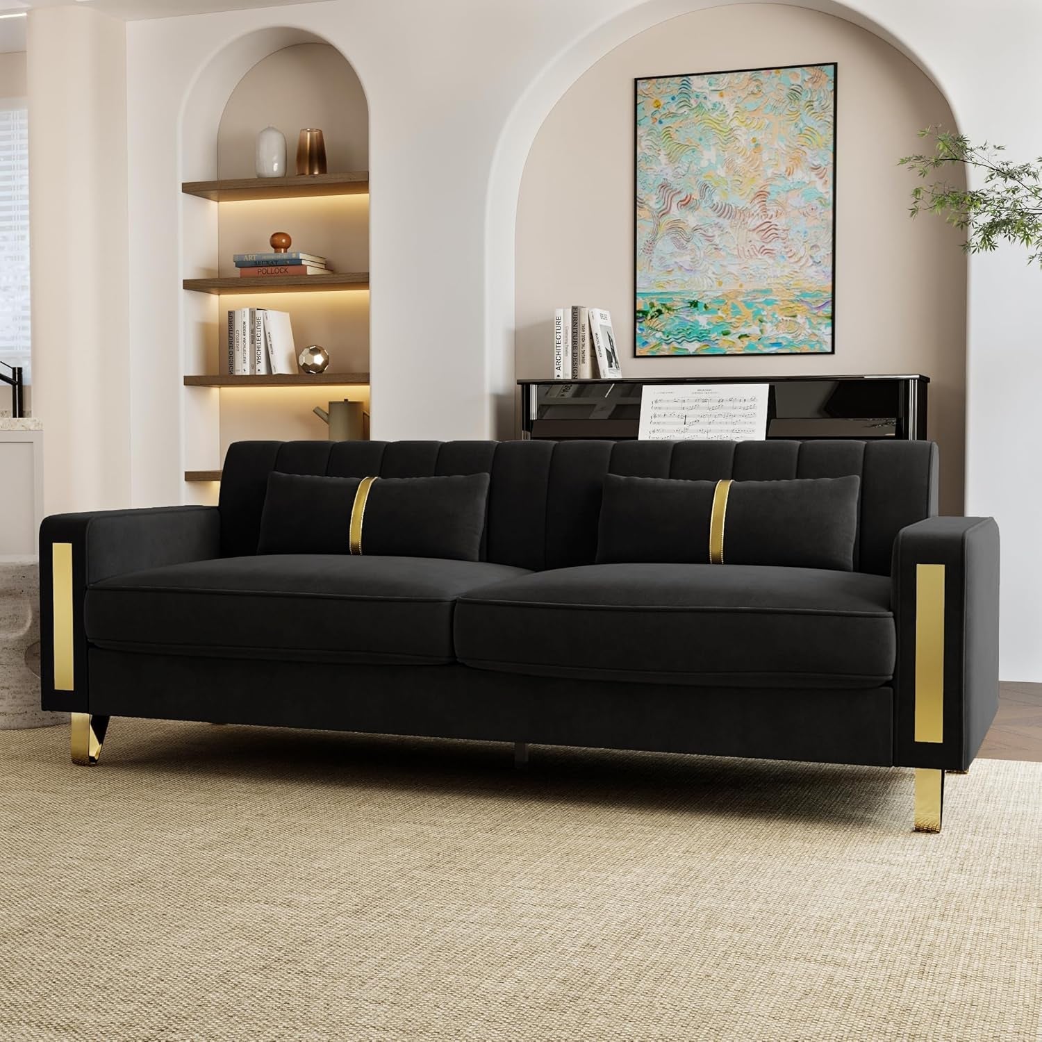 Two Piece Loveseat Sofa Set For Living Room 86 Inch Black Velvet Upholstery Quality Living Room Furniture-2