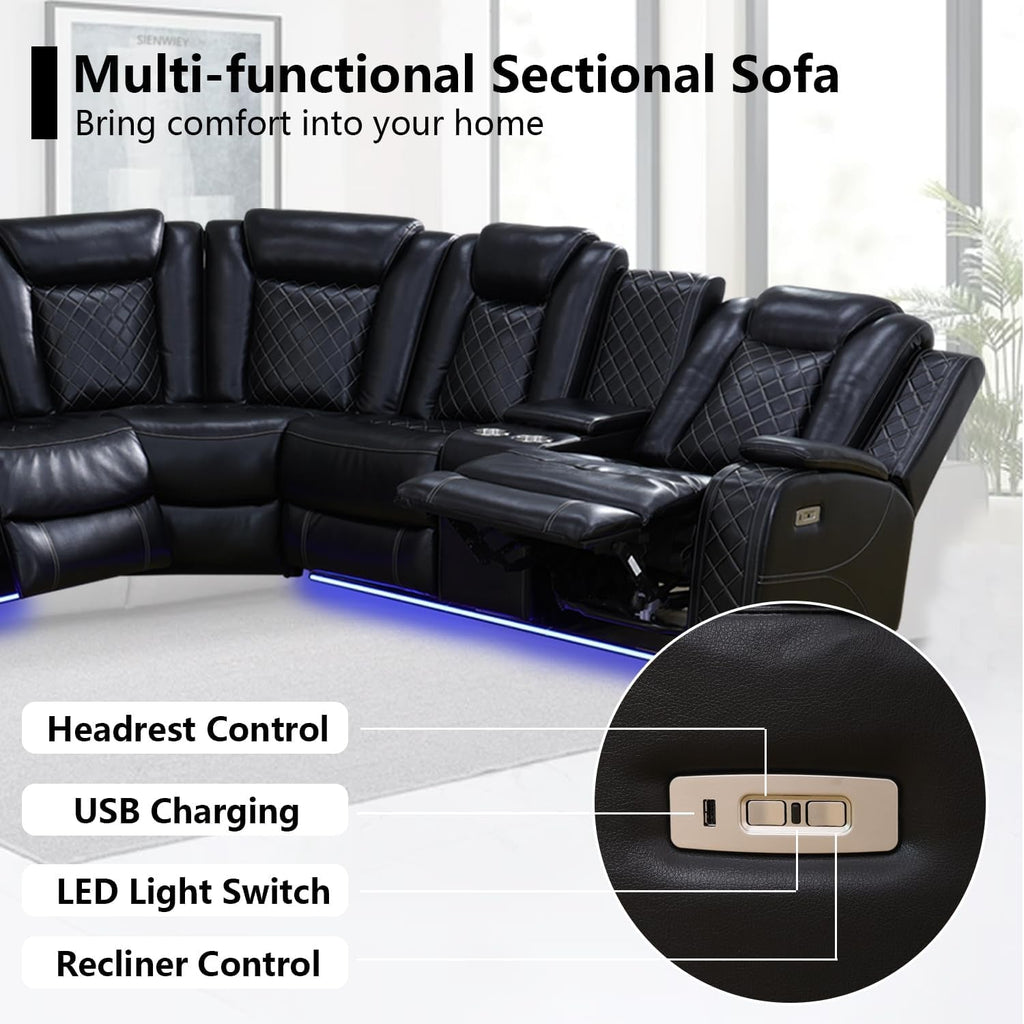Black Leather Power Reclining Sectional Sofa Living Room-2