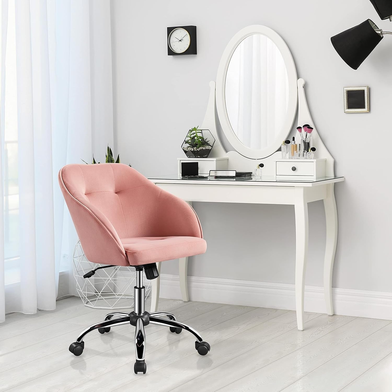 Pink Velvet Desk Chair With Swivel Office Chair Modern-3