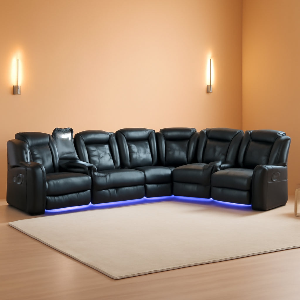 Black Leather Power Reclining Sectional Sofa Living Room-0