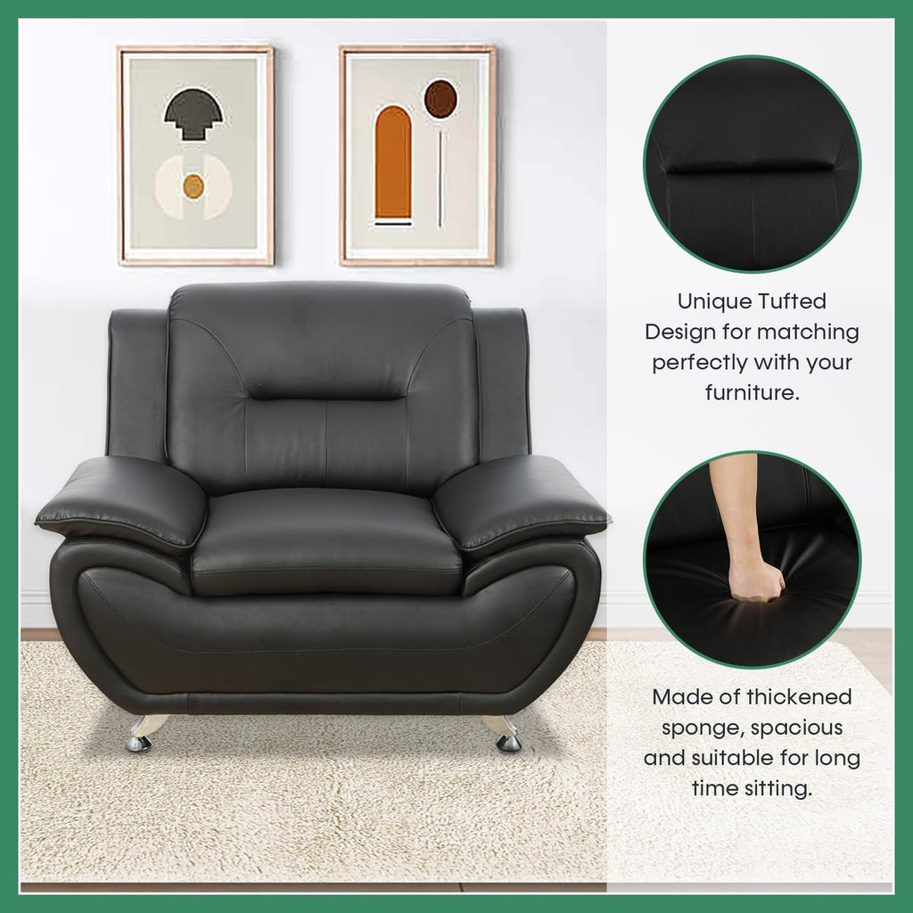 Leather Sofa Set 3 Piece Black Living Room Furniture-3