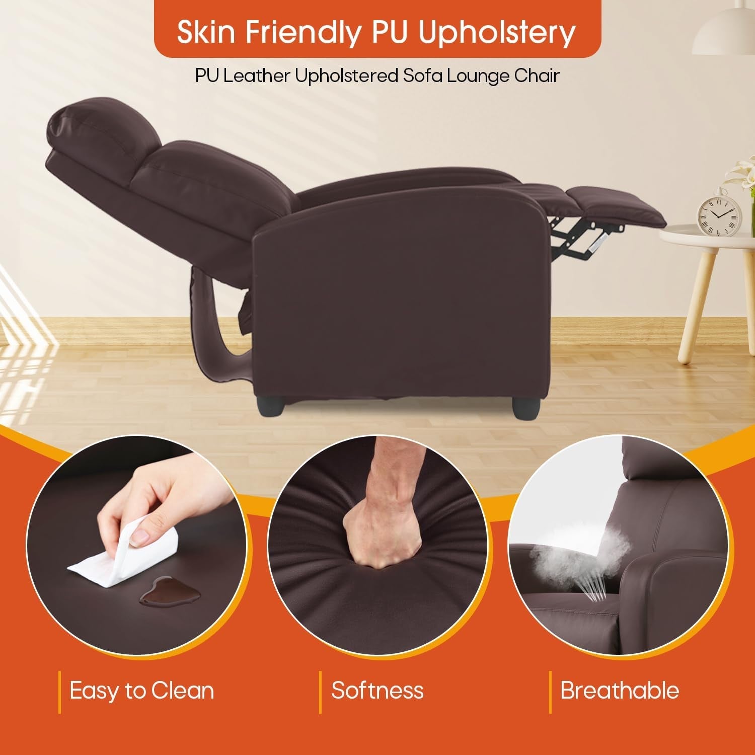 Recliner Chair Brown Adjustable Living Room Armchair-4