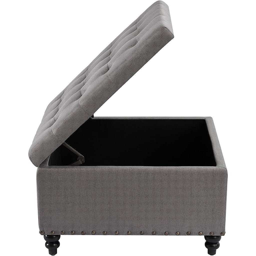 Grey Tufted Storage Ottoman Square For Living Room-4