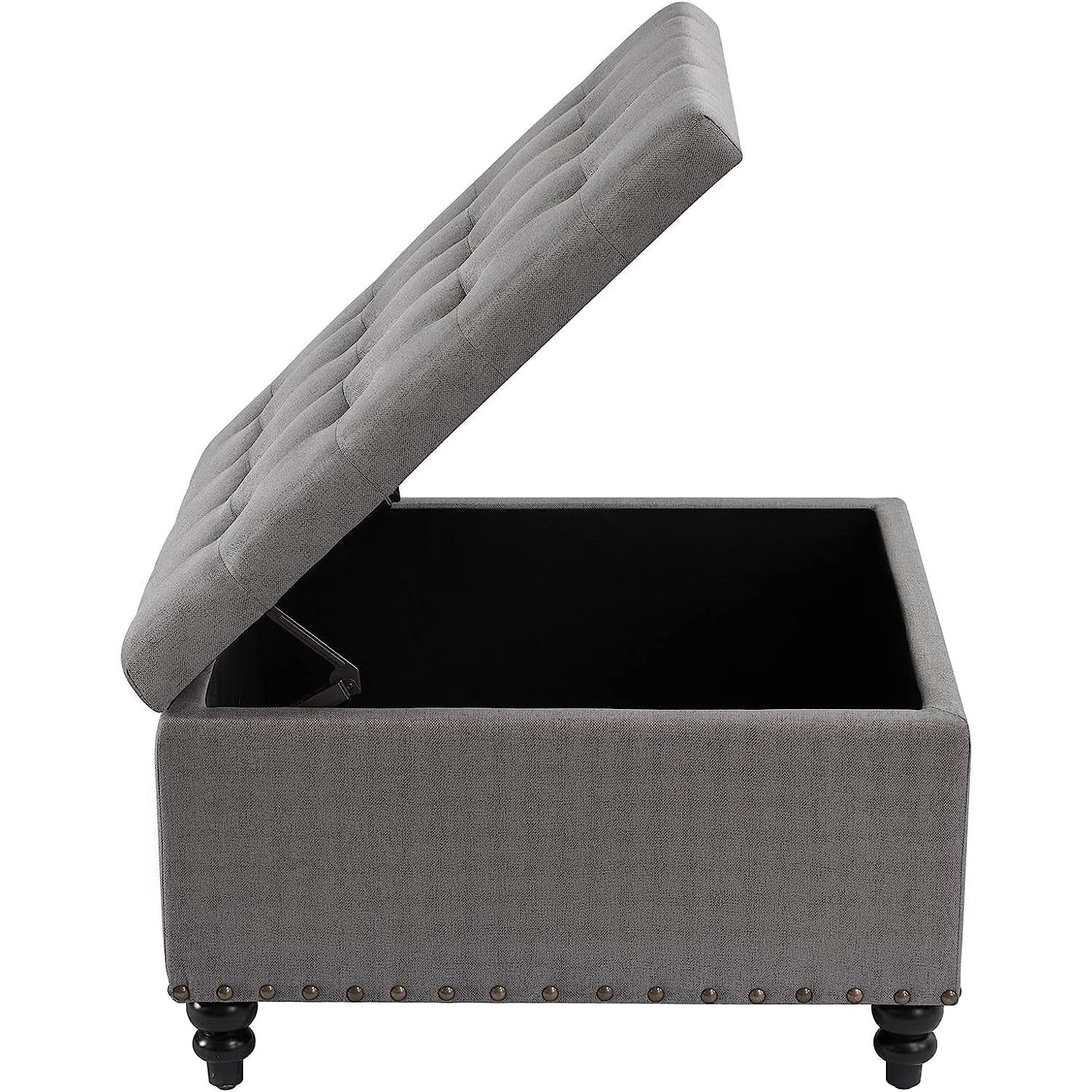 Grey Tufted Storage Ottoman Square For Living Room-4