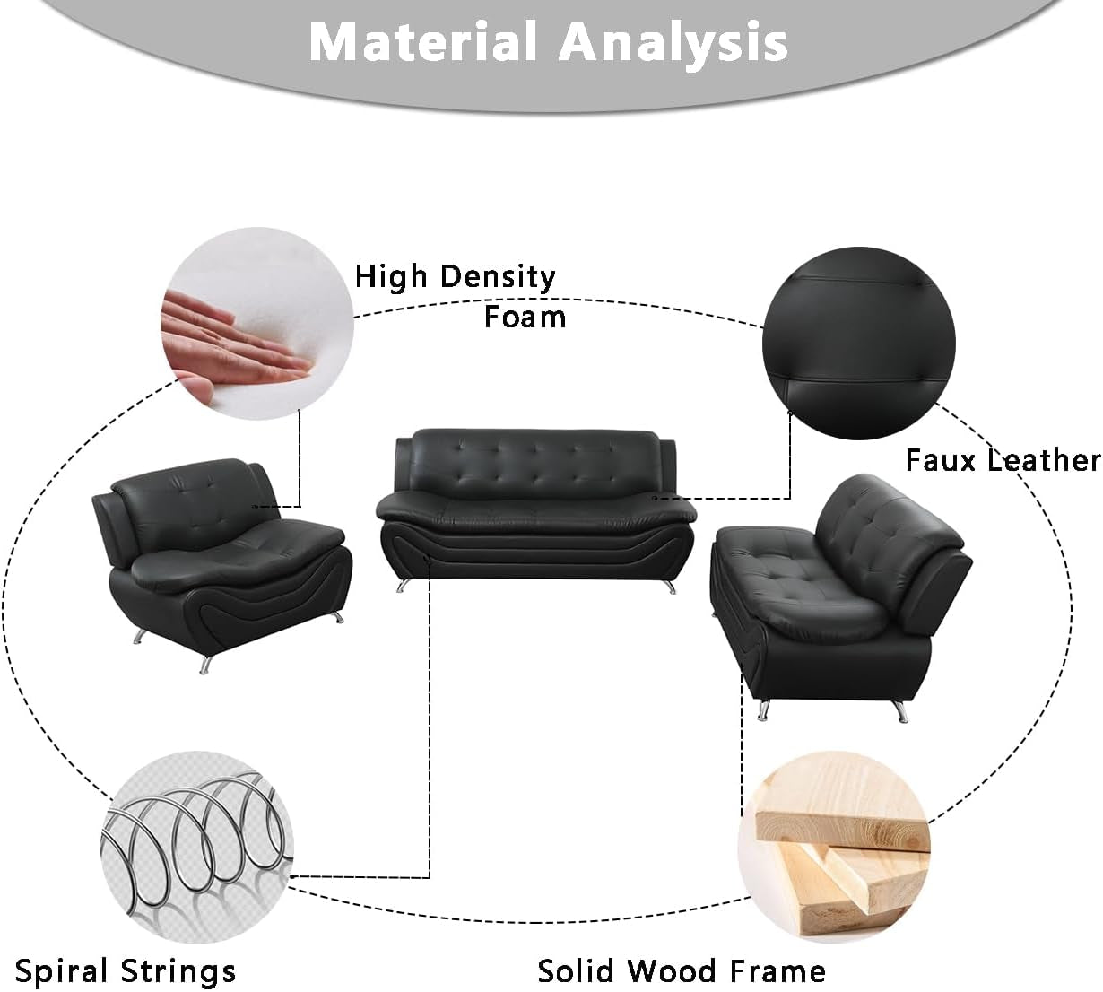 Black Leather Sofa Set With Loveseat For Living Room-3