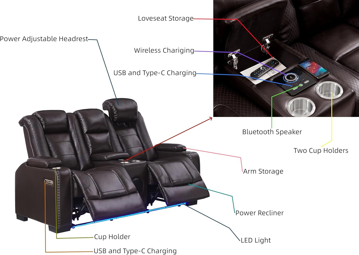 Brown Power Recliner Sofa Set For Living Room Comfort-3