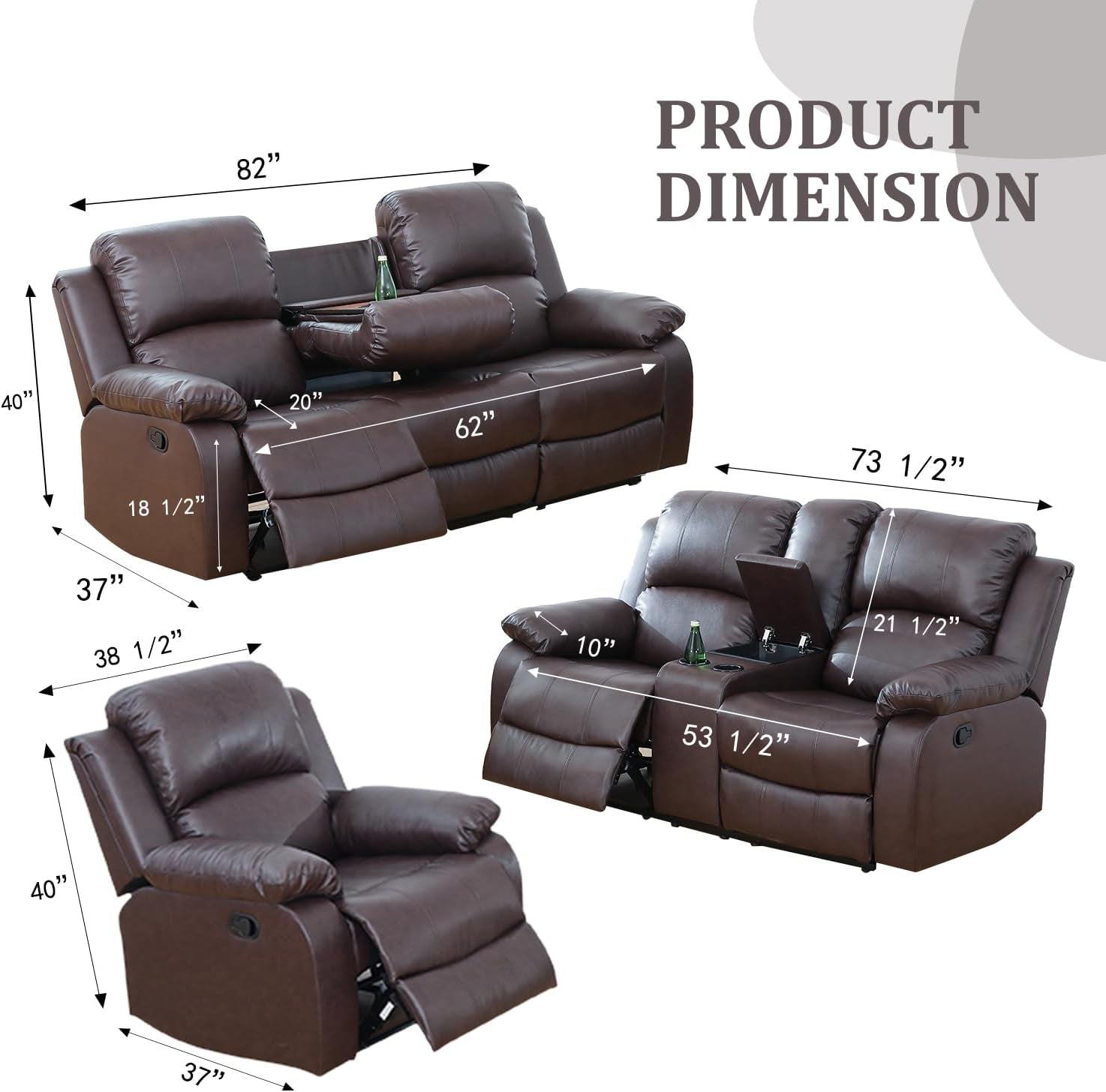 Manual Leather Recliner Sofa Set Brown For Living Room-1