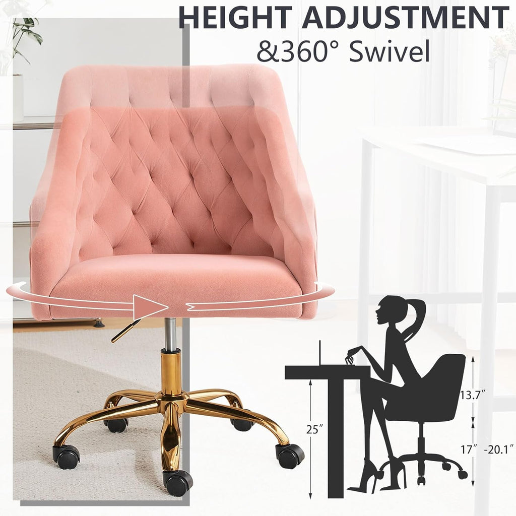 Pink Velvet Office Chair 360 Swivel Modern Desk Chair-4