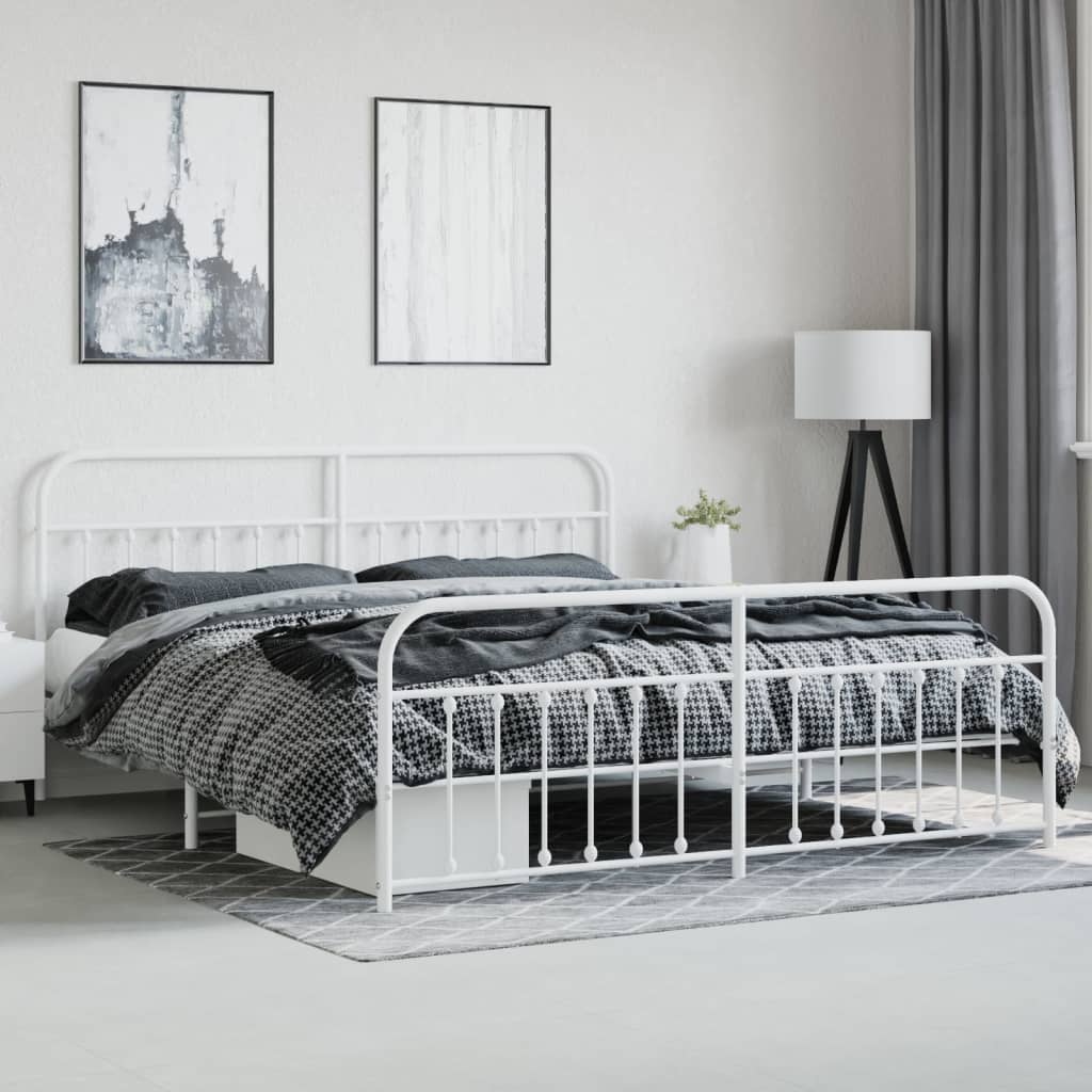 vidaXL Metal Bed Frame with Headboard and Footboard White 76"x79.9" King-4