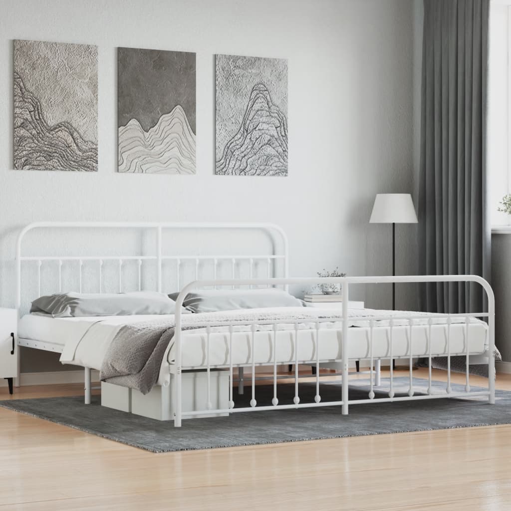 vidaXL Metal Bed Frame with Headboard and Footboard White 76"x79.9" King-0