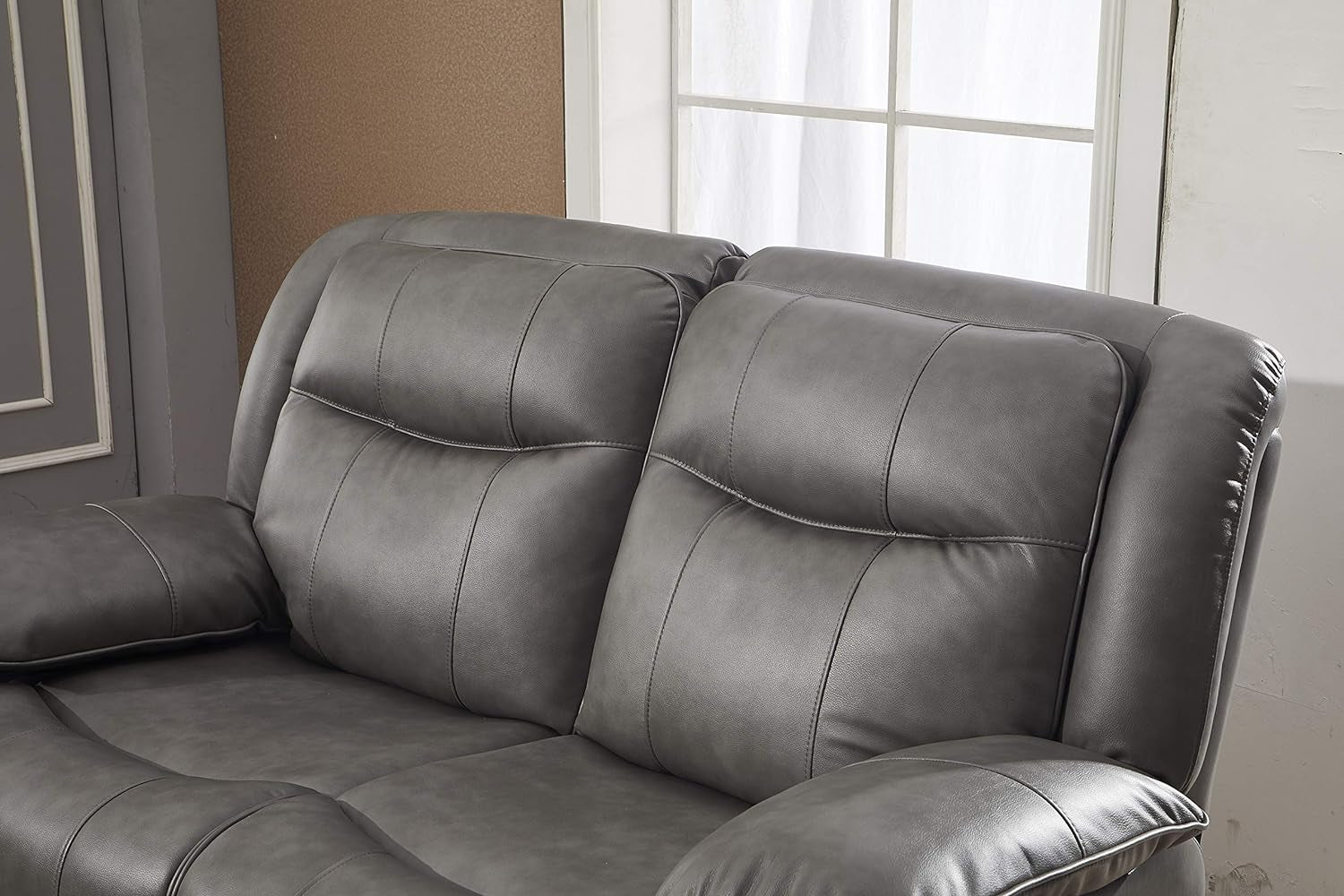 Bonded Leather Reclining Loveseat Sofa Set Grey Living Room-4