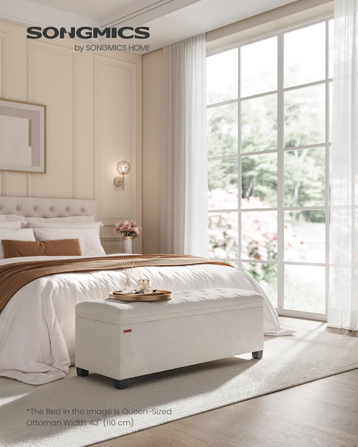 Cream Storage Ottoman Bench 43Inch Living Room Furniture-1