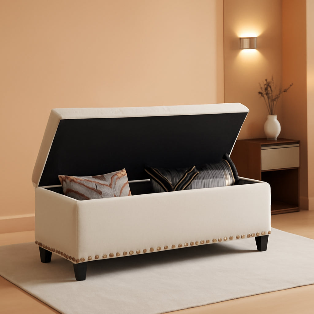 Beige Button Tufted Storage Ottoman For Living Room-0