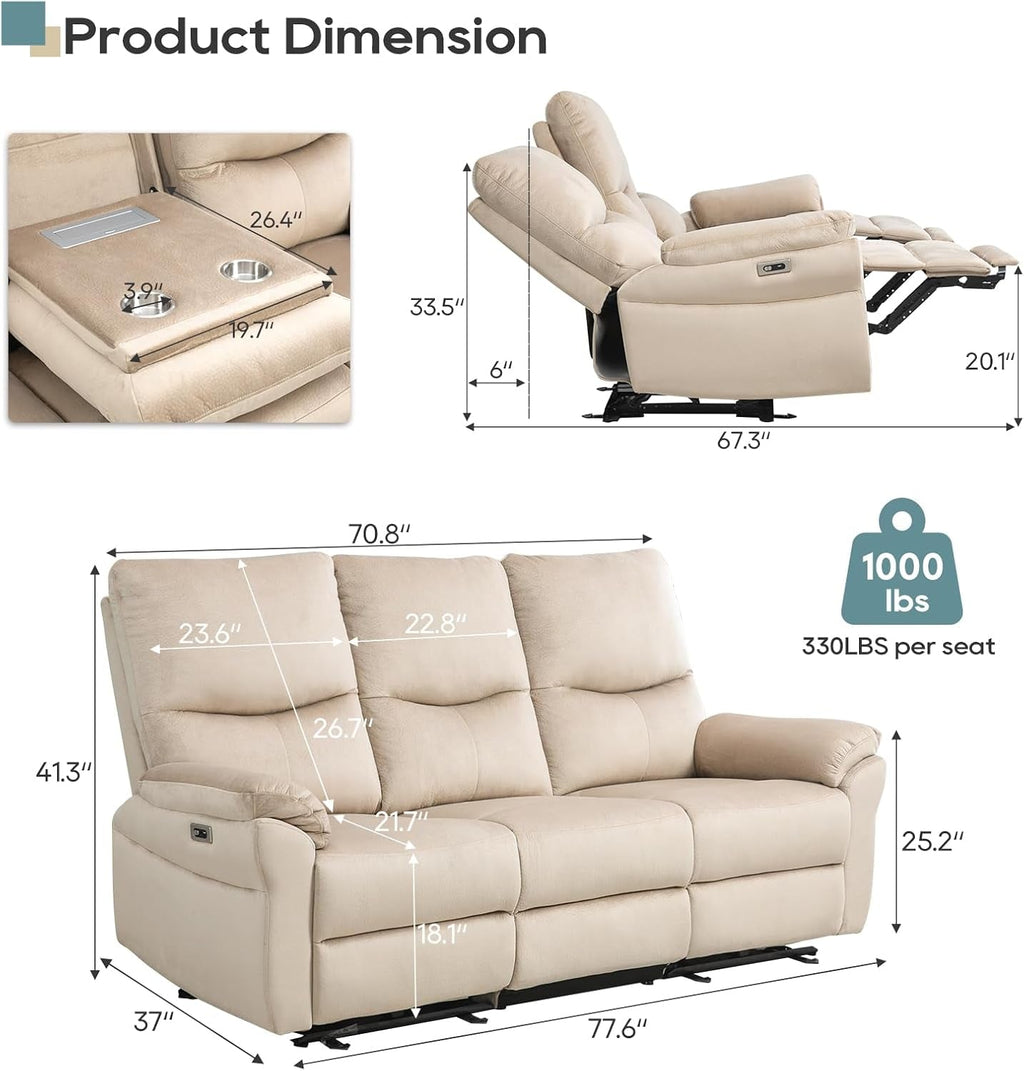 Beige Power Reclining Sofa For Living Room Comfort-1