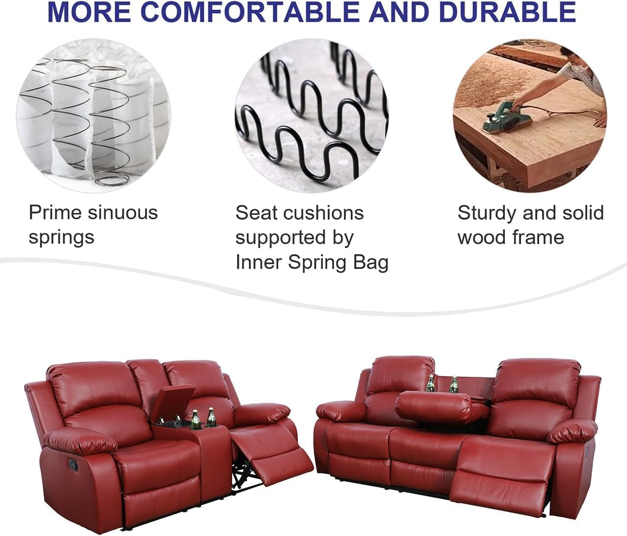 Bonded Leather Living Room Sofa And Loveseat Red Recliner-4