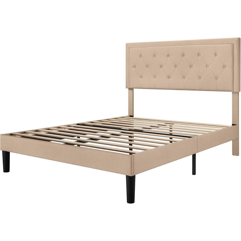 King size Beige Linen Platform Bed Frame with Button Tufted Headboard-1