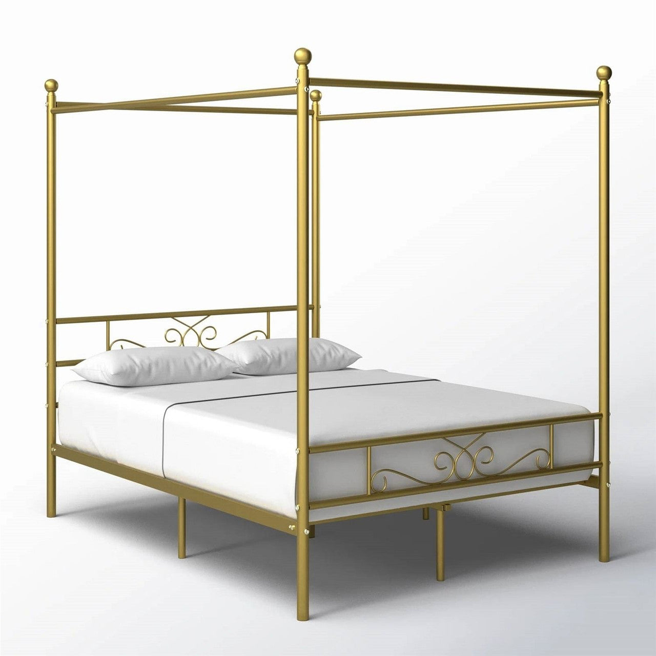 Full size French Country Four Poster Metal Canopy Bed in Gold Finish-2