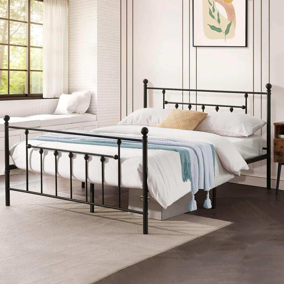 Full size Vintage Style Black Metal Platform Bed Frame with Headboard Footboard-0