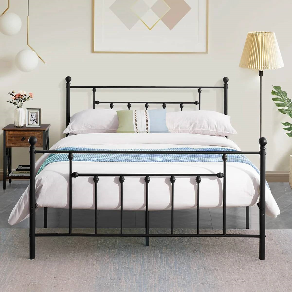 Full size Vintage Style Black Metal Platform Bed Frame with Headboard Footboard-2
