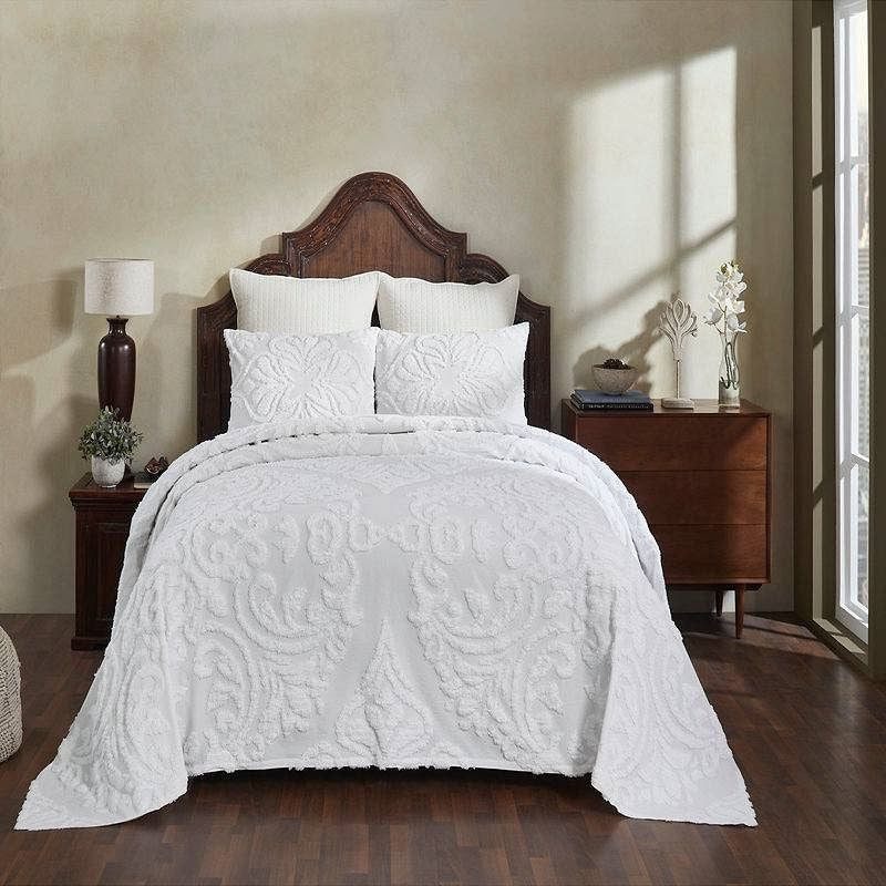 King Size 100-Percent Cotton Chenille 3-Piece Coverlet Bedspread Set in White-0