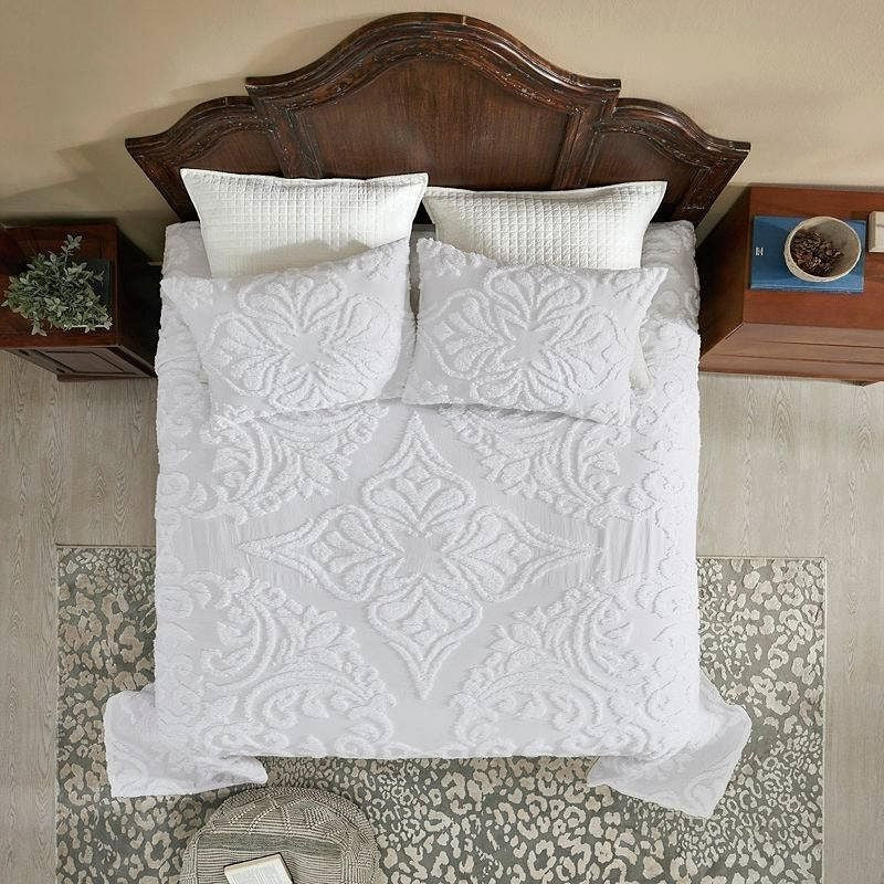 King Size 100-Percent Cotton Chenille 3-Piece Coverlet Bedspread Set in White-1
