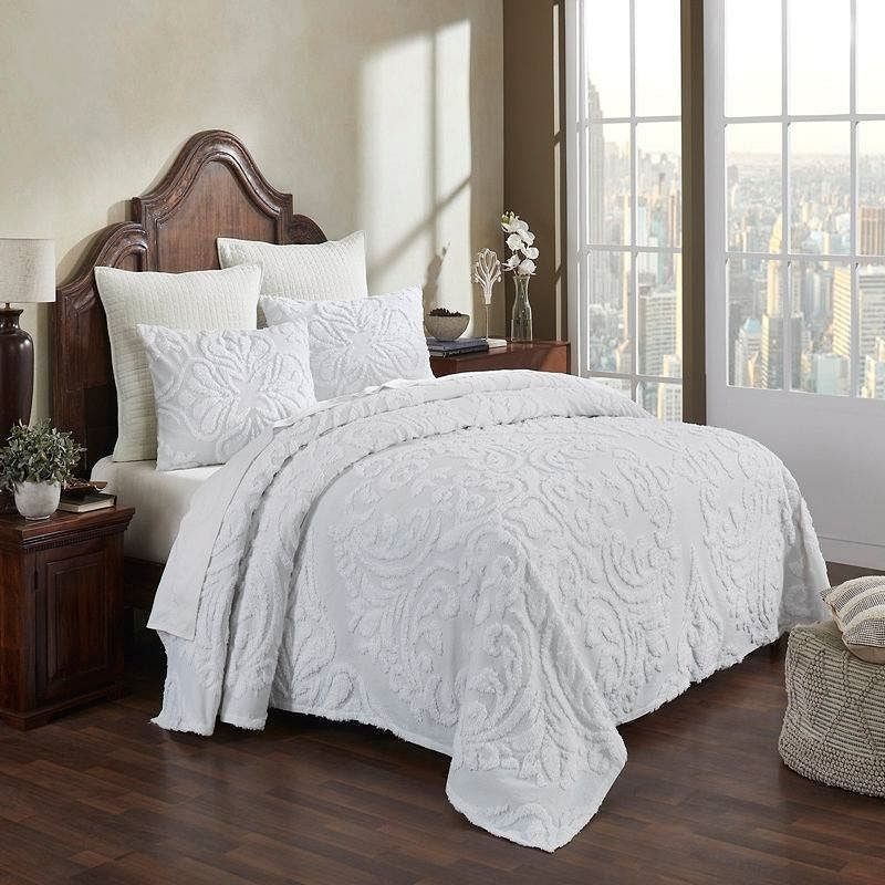 King Size 100-Percent Cotton Chenille 3-Piece Coverlet Bedspread Set in White-2