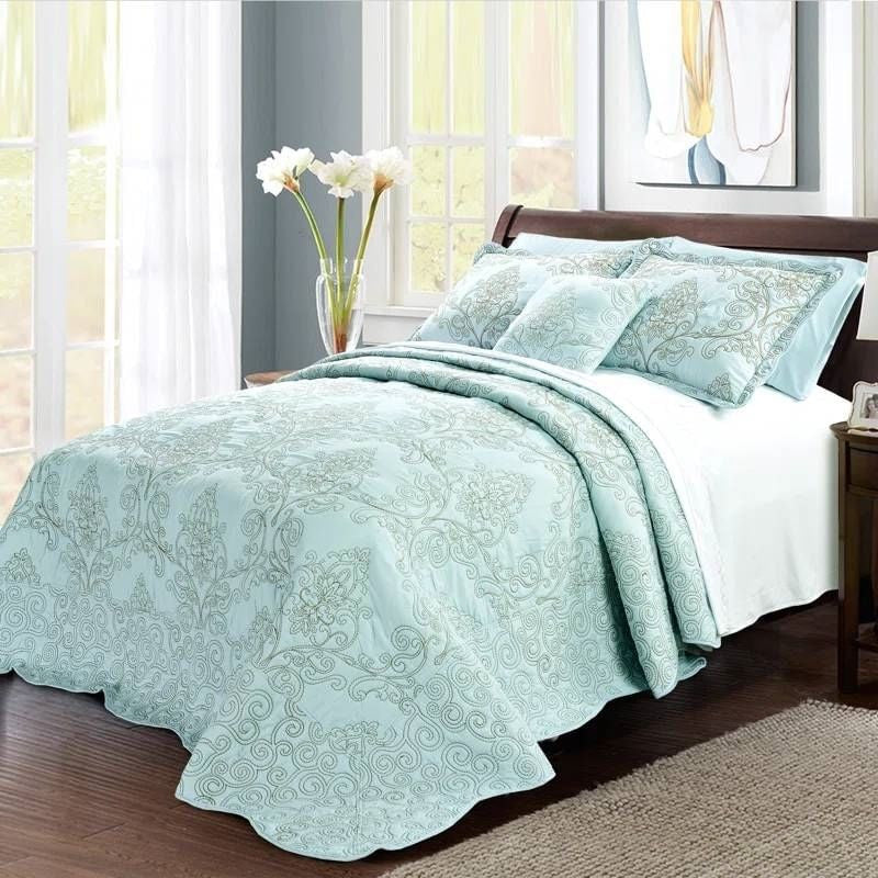 King size Light Blue Damask Embroidered 4 Piece Oversized Bedspread Set-2