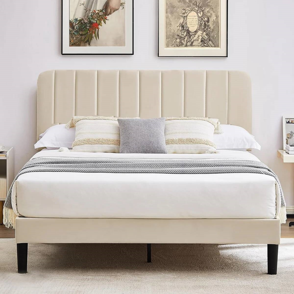 Queen size Beige Upholstered Platform Bed Frame with Headboard-0
