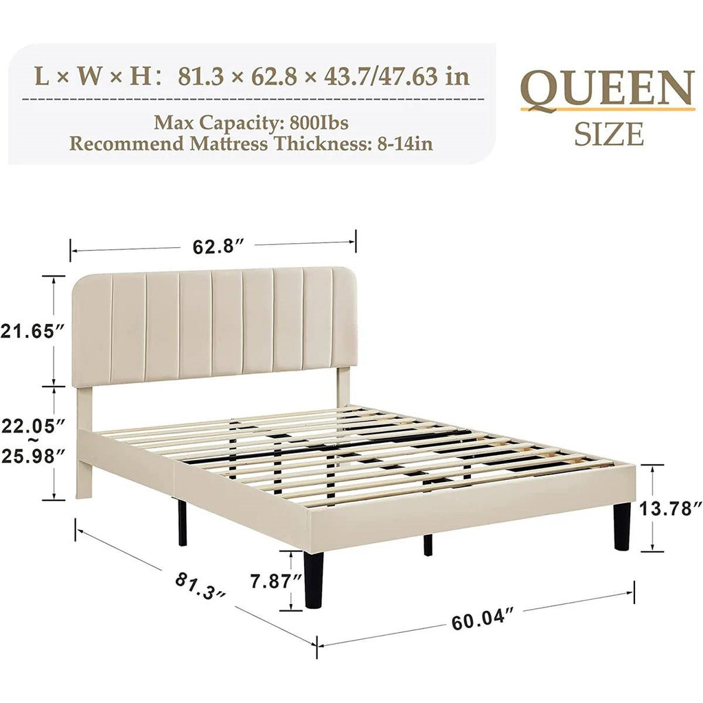 Queen size Beige Upholstered Platform Bed Frame with Headboard-4