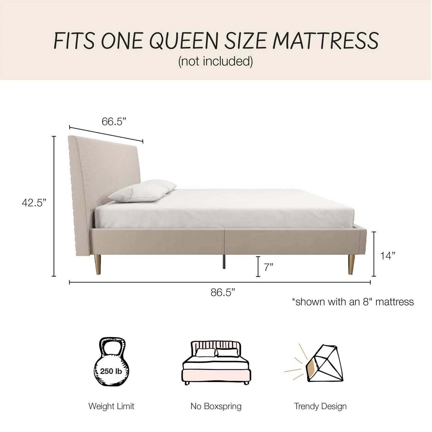 Queen Mid-Century Ivory Cream Velvet Upholstered Platform Bed with Headboard-4