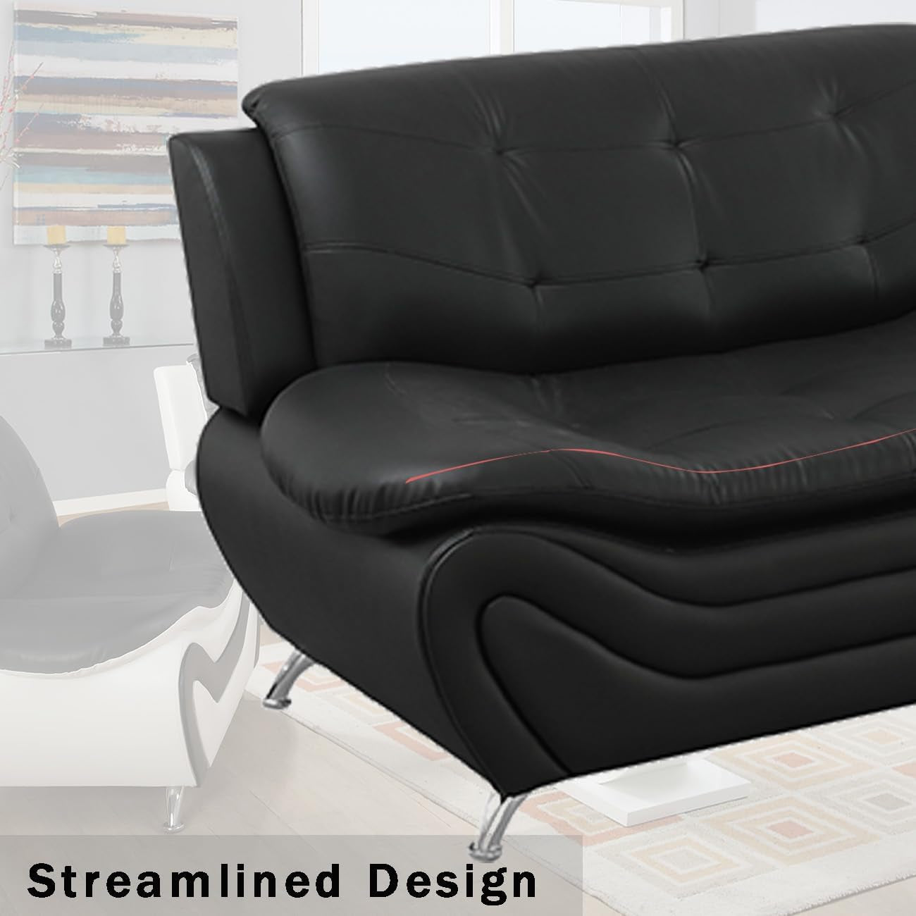 Black Leather Sofa Set With Loveseat For Living Room-2