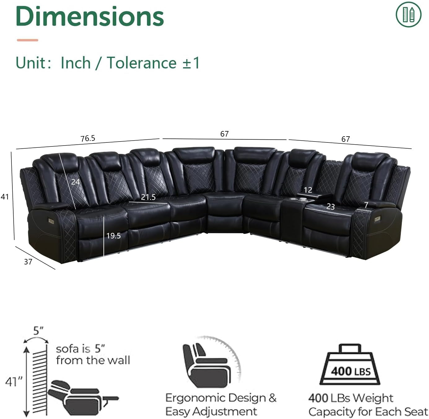 Black Leather Power Reclining Sectional Sofa Living Room-1