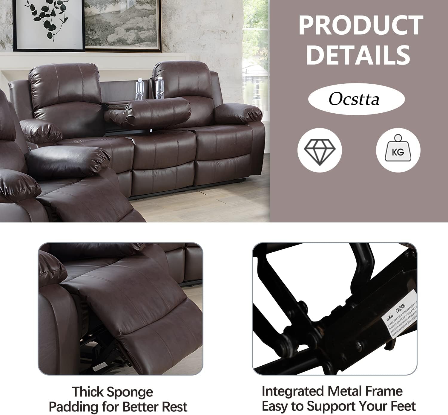 Manual Leather Recliner Sofa Set Brown For Living Room-3