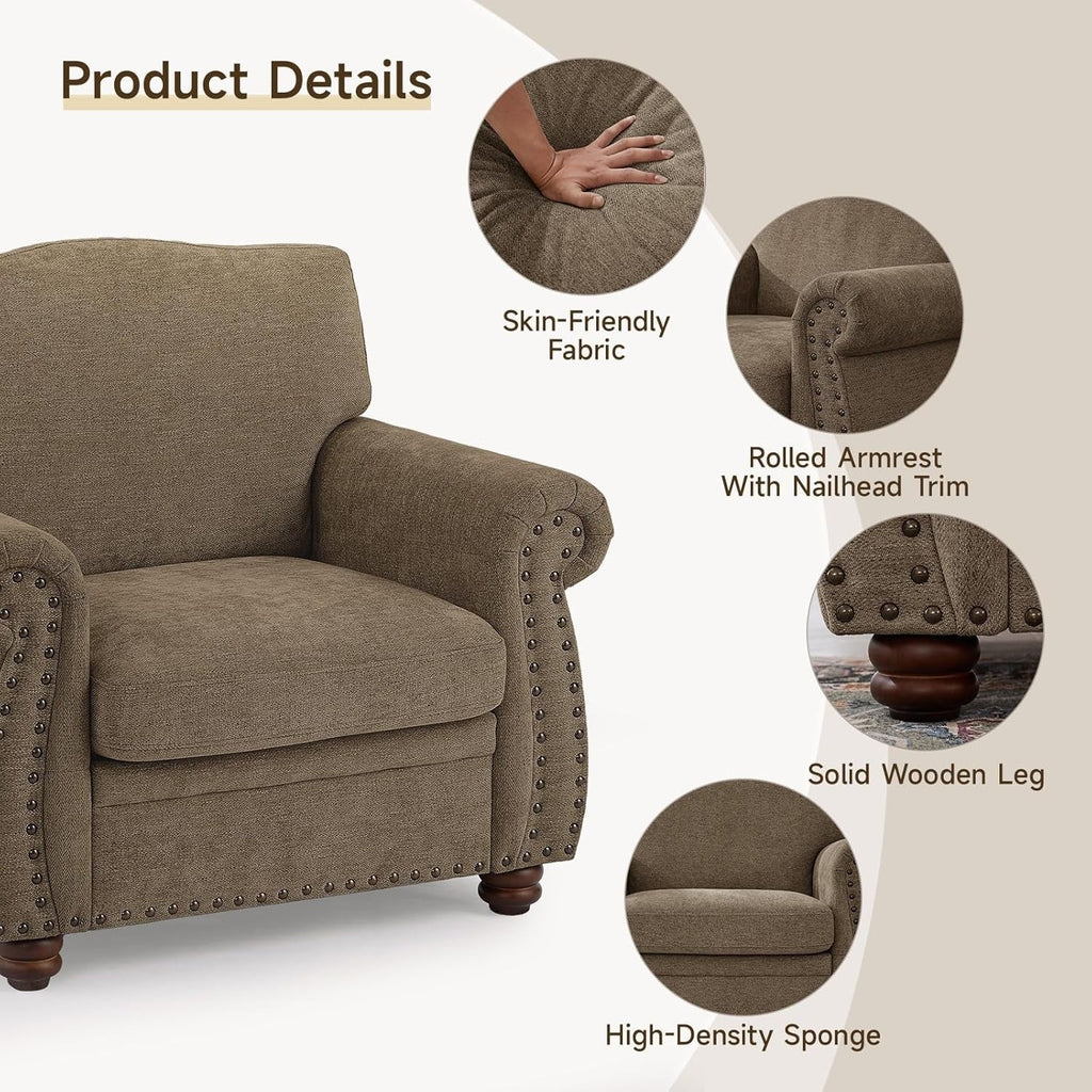Brown Nailhead Trim Armchair For Living Room Decor-2