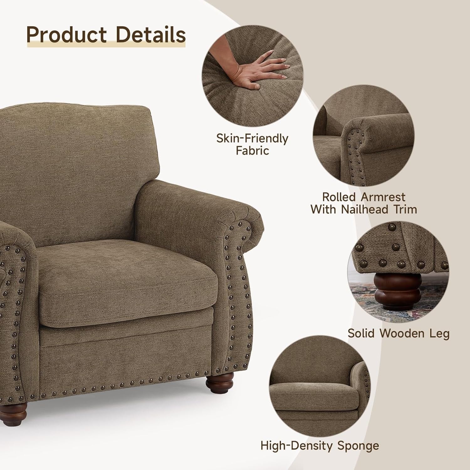 Brown Nailhead Trim Armchair For Living Room Decor-2