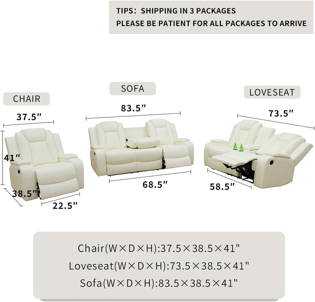 Living Room Set Leather Sofa Power Recliner Creamy White-1