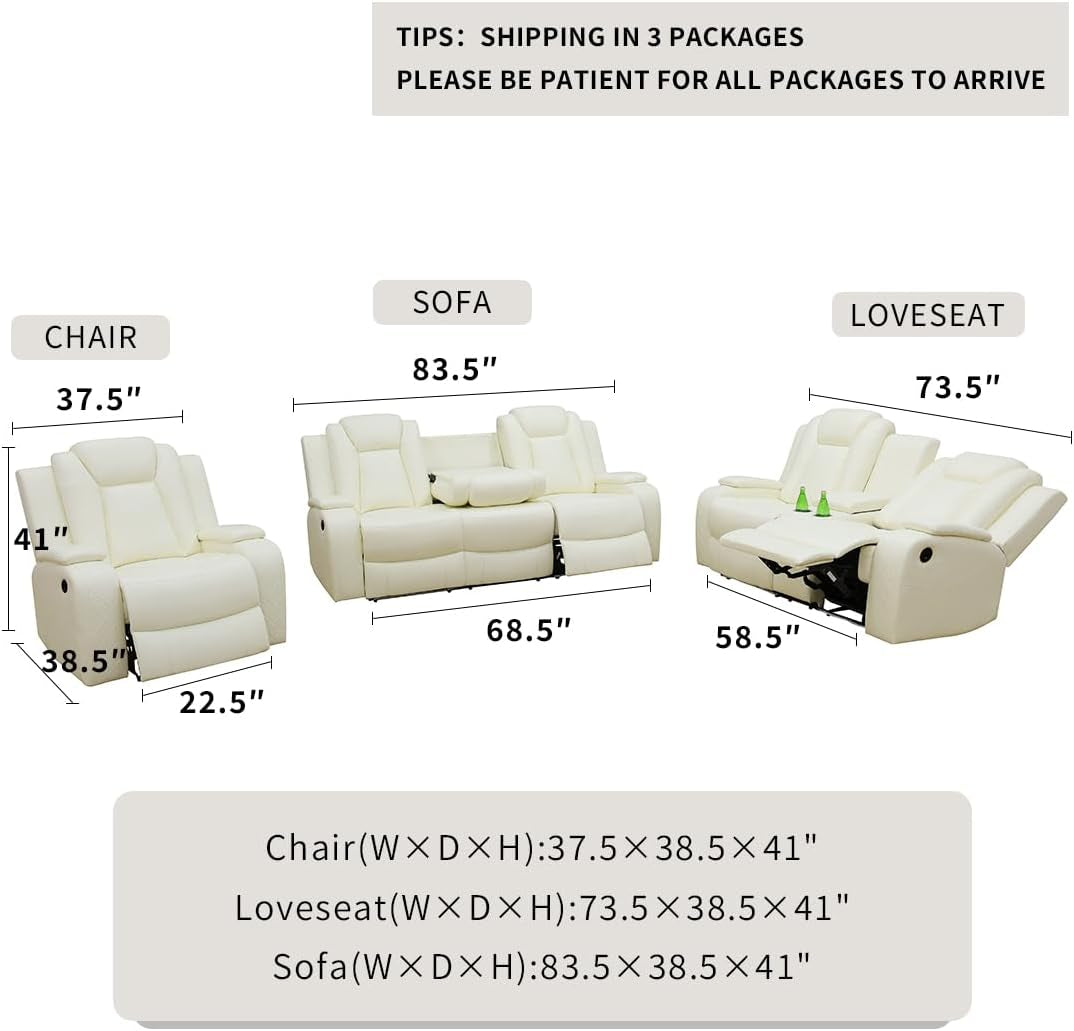 Living Room Set Leather Sofa Power Recliner Creamy White-1